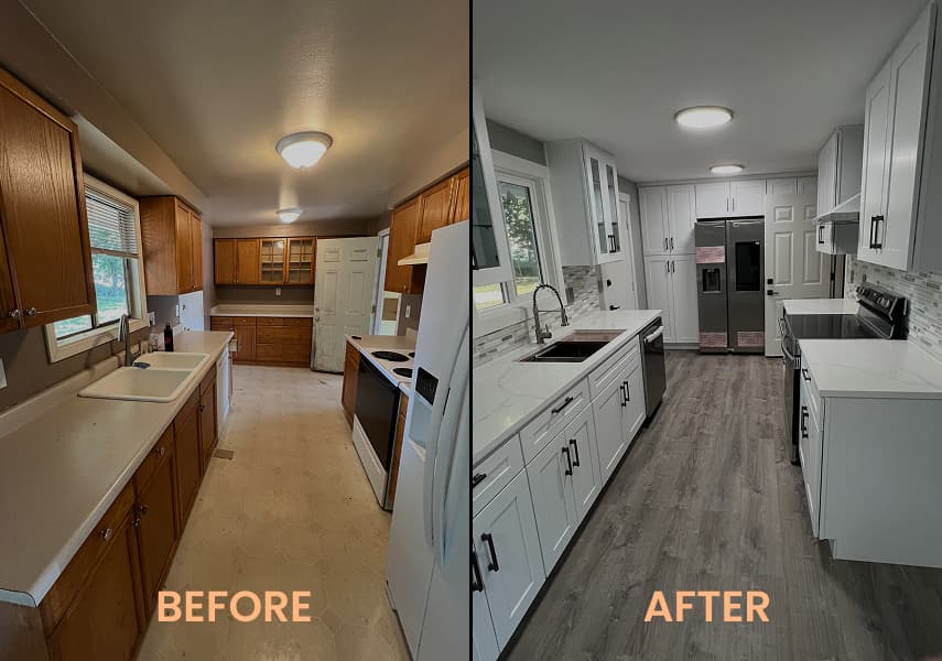 Kitchen remodel comparison showing old wood cabinets replaced with white cabinets, new counters, and updated flooring