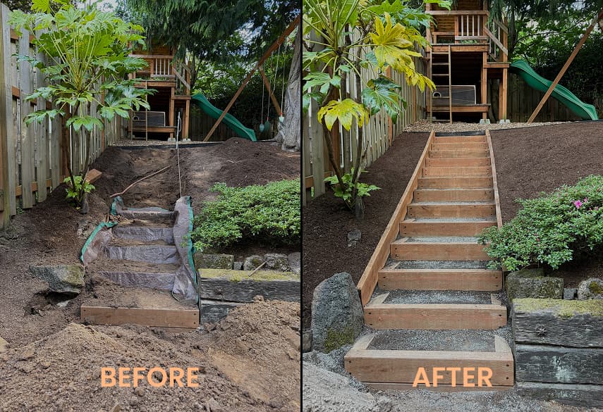Landscape stair project comparison showing a dirt slope replaced with new wooden steps and gravel landings