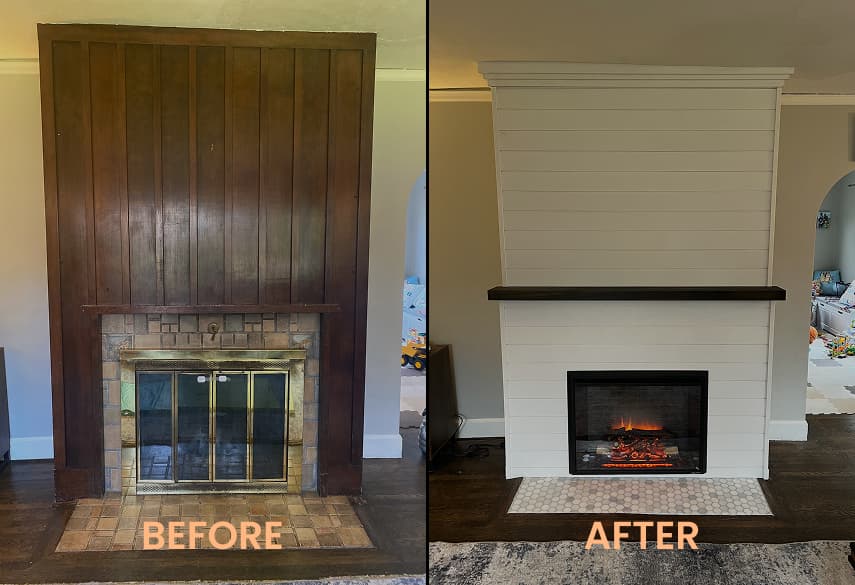 Fireplace transformation showing an old wood-paneled surround replaced by a clean white shiplap design