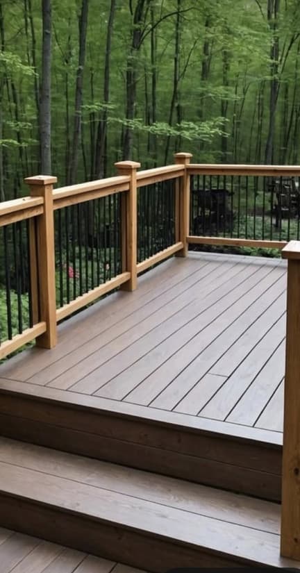 Modern composite deck with wooden handrails and black balusters in a forested backyard.
